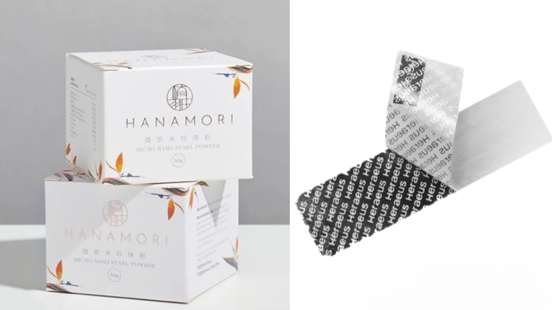Beauty products alongside a close-up of a glossy black and white tamper-evident label