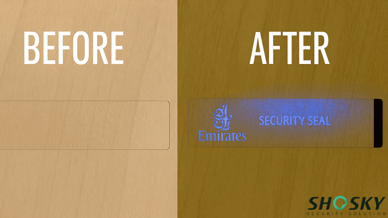 Comparison of plain and UV-activated tamper-evident seal on wooden surface