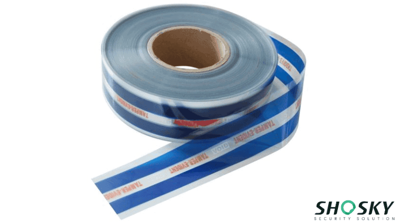 a blue security bag tape roll