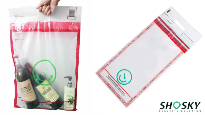 Secure duty-free bags featuring fold-flat handles for space-saving storage