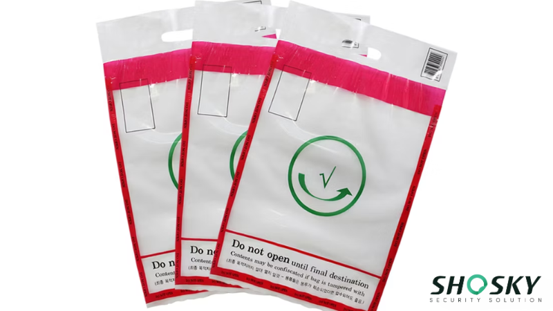 Close-up of security-approved duty-free bags with compliance instructions