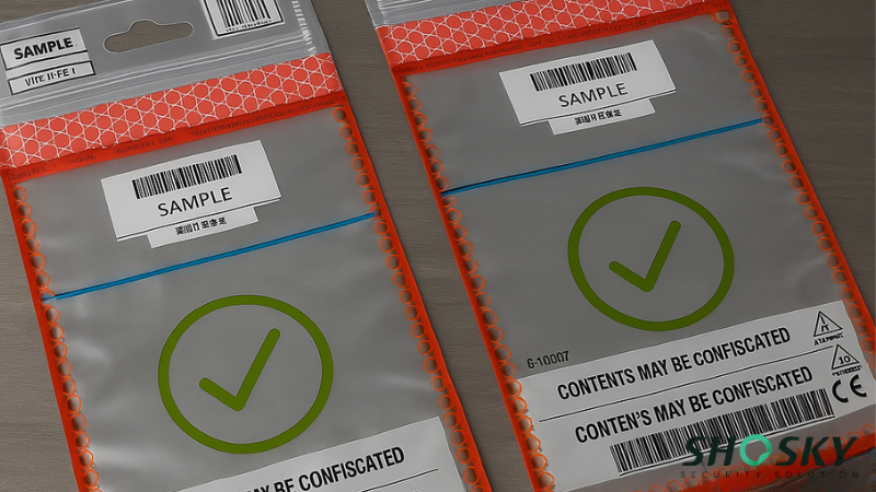 ICAO-compliant duty-free bags with red tamper-evident warnings and strong adhesive seals