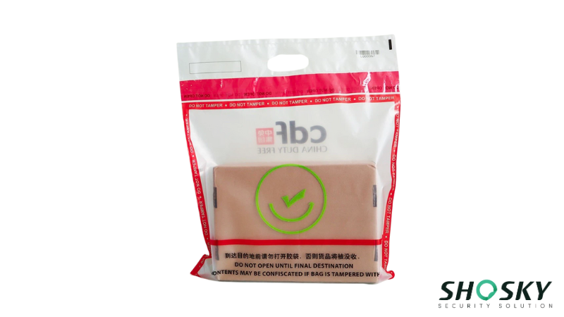 Duty-free bag designs emphasizing security warnings and high-visibility authentication marks
