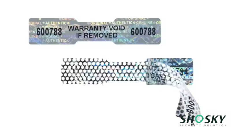 Security label with holographic features, reinforcing warranty enforcement and trust-building