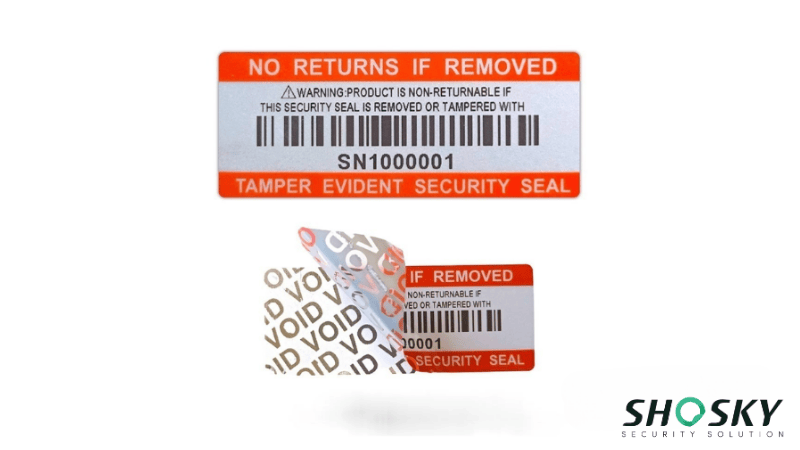 Warranty void label revealing tampering evidence next to digital QR code