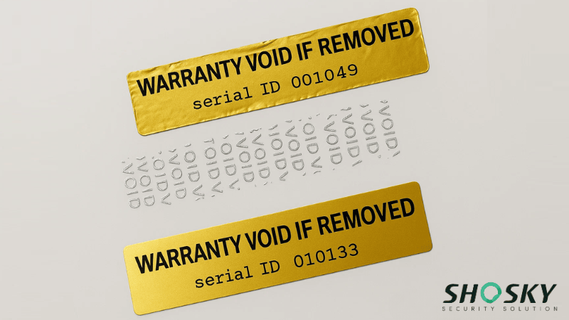 Close-up of a damaged warranty void label indicating tampering and warranty denial