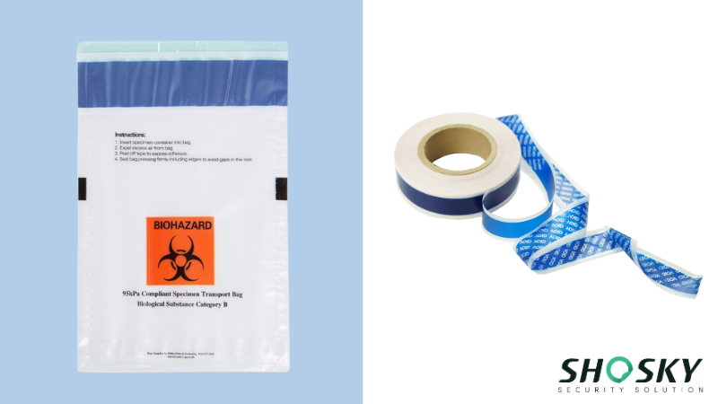 Tamper-evident security strip on medical bag to prevent contamination and theft