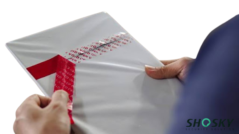 Tamper-evident security tape being peeled off, revealing “VOID OPEN” warning