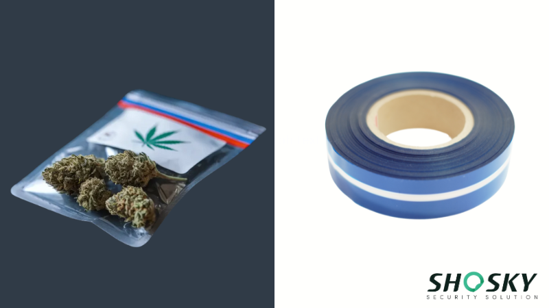 Black cannabis tamper-evident bag tape and tamper-evident bag tape roll
