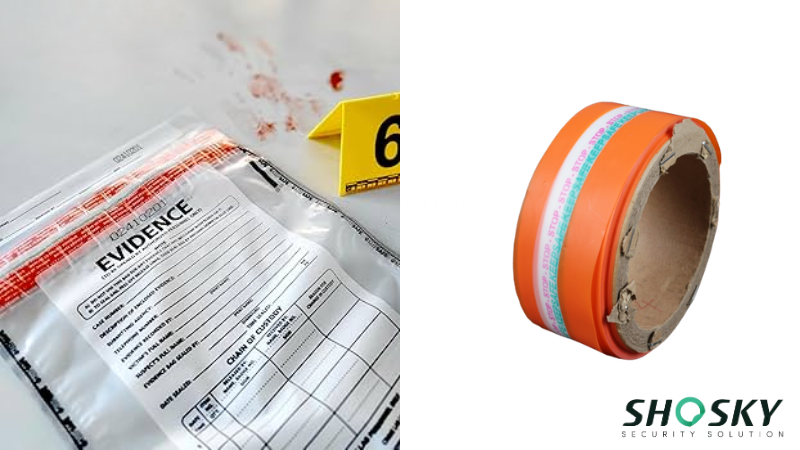 Tamper-evident bag with anti-tampering tape used in crime scene evidence protection