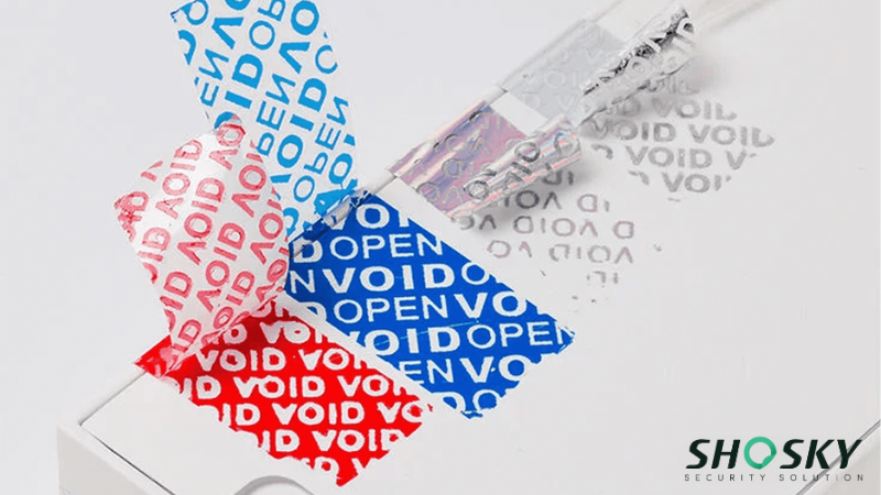 red, blue, and silver anti-counterfeiting seals in action