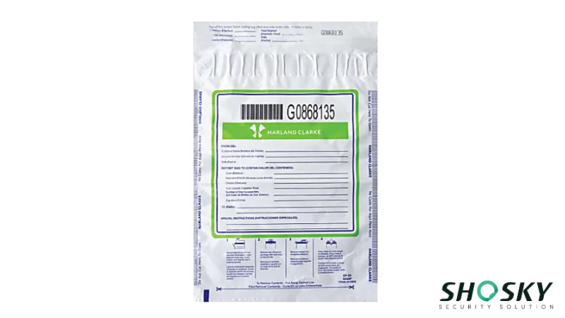 Tamper-evident bag featuring a large barcode for enhanced security and traceability