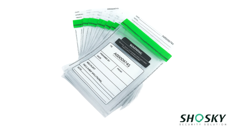 Clear tamper-proof evidence bag stocks, highlighting their durable sealing mechanisms