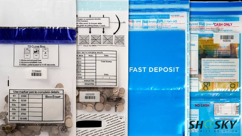 Different types of deposit bags for organizing retail cash transactions