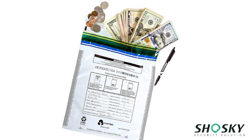 Single-use tamper-evident bag with bills, coins, and detailed deposit form attached