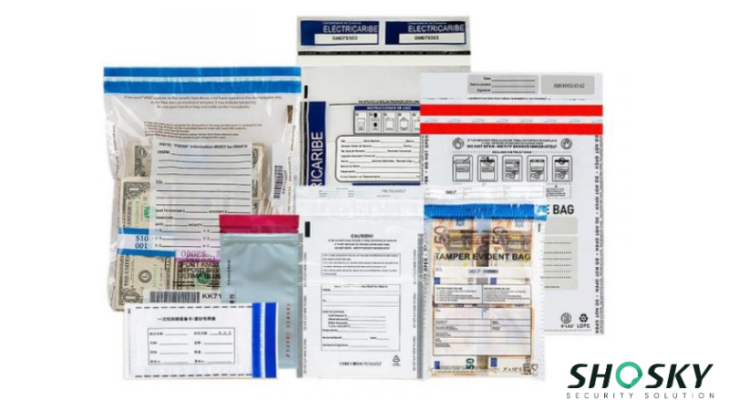 Display of different deposit bag types for small businesses with barcodes and warnings