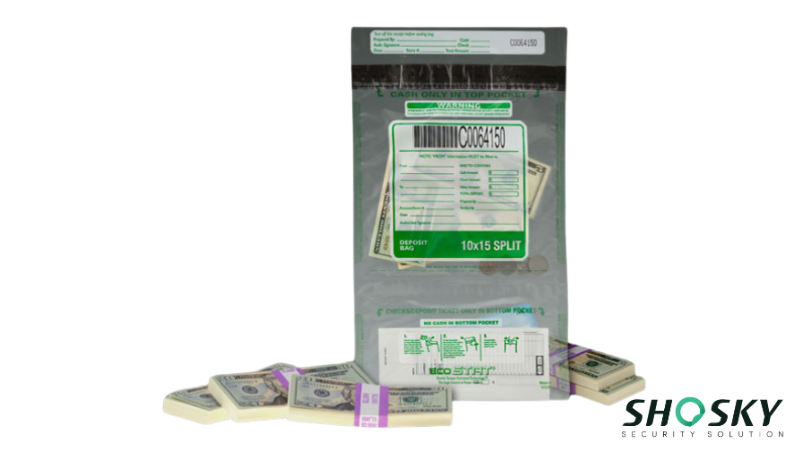 Dual-pocket retail deposit bag featuring money stacks and tracking barcode