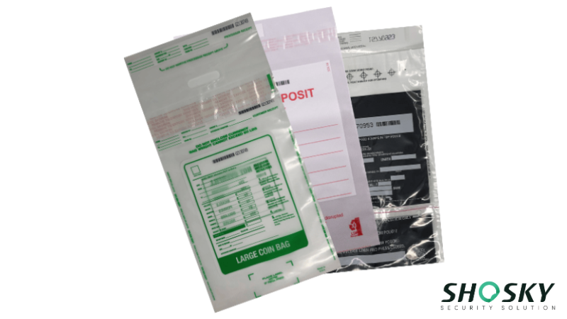 Variety of business deposit bags with distinct uses and printed instructions