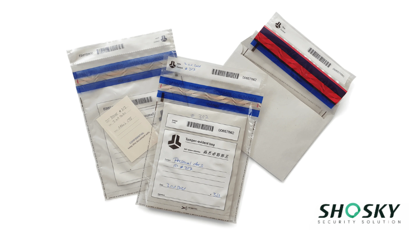 Various tamper evident envelopes used for safe handling of sensitive, trackable materials