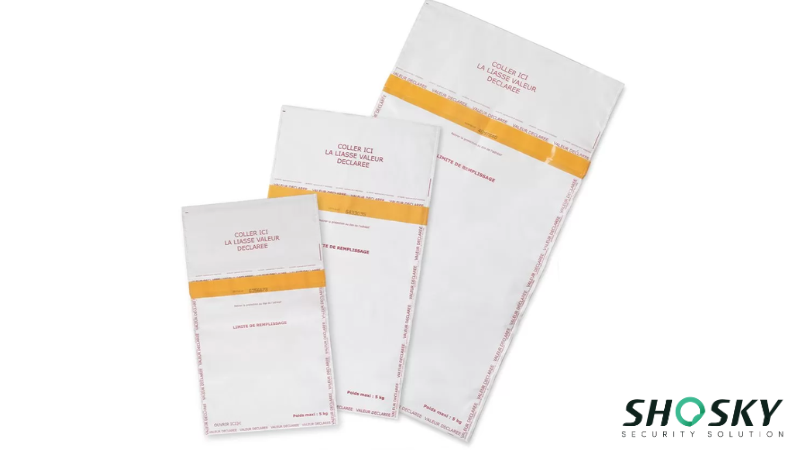 Reusable security envelopes showing fill areas for declared value and re-shipment