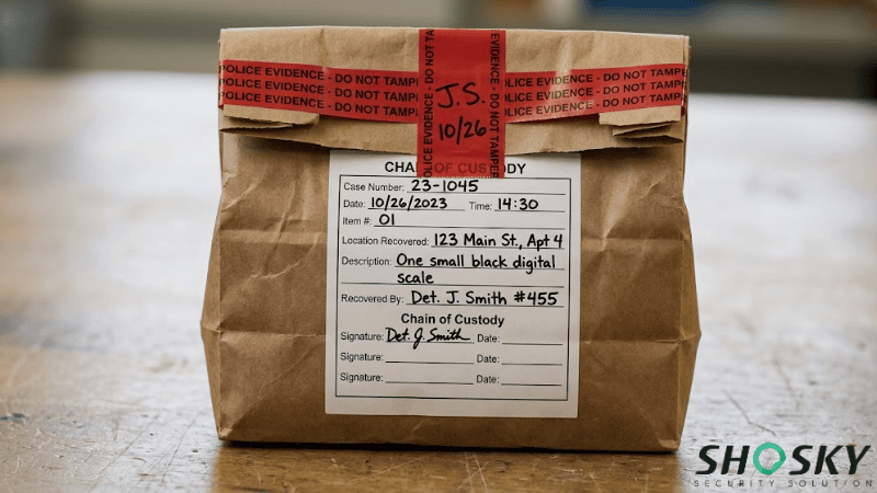 A brown paper evidence bag sealed at the top with red "POLICE EVIDENCE - DO NOT TAMPER" security tape and featuring a completed chain of custody label on the front.