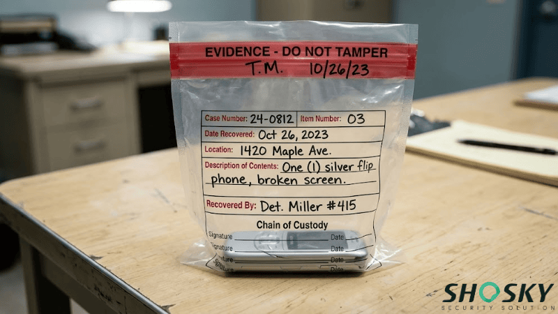 A clear plastic evidence bag on a wooden desk, sealed with a red "EVIDENCE - DO NOT TAMPER" strip, holding a silver flip phone and showing filled-out chain of custody details.