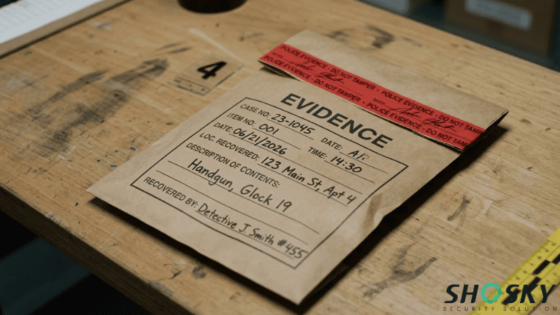 A large brown paper evidence bag resting on a wooden table, securely sealed with red "POLICE EVIDENCE - DO NOT TAMPER" tape and featuring filled-out collection data for a handgun