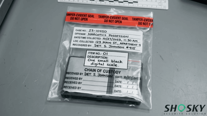 A transparent plastic evidence bag sealed with an orange "TAMPER-EVIDENT SEAL DO NOT OPEN" strip, containing a small black digital scale and featuring written chain of custody information on the front label.