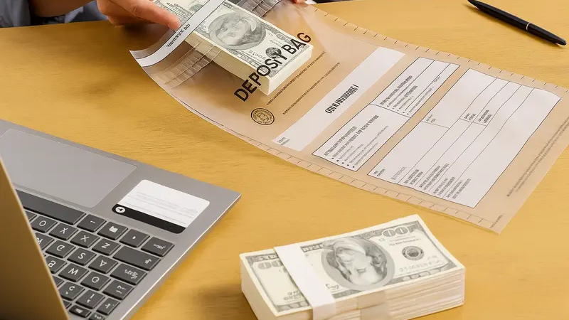 put cash into a deposit bag