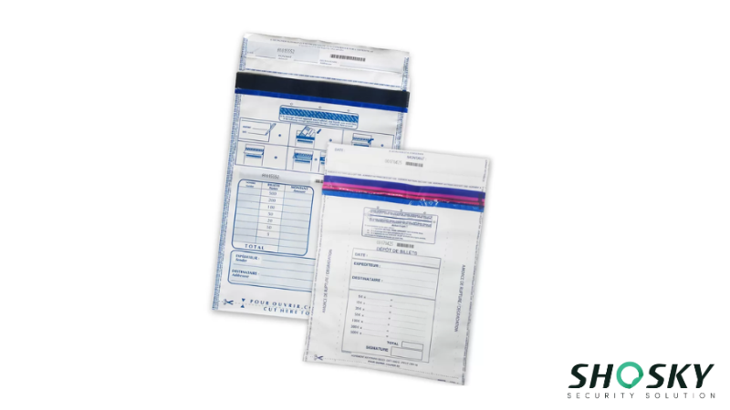 Two plastic bank deposit bags, demonstrating security seals