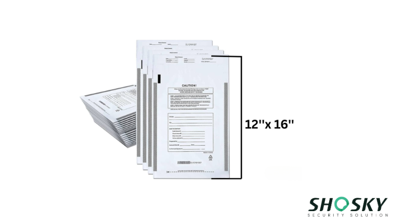 Medium sized 12"x16" tamper-proof bank deposit bags in a stack