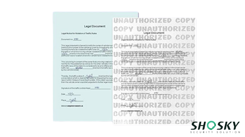 Comparison of a legal document on regular paper versus security paper with "UNAUTHORIZED COPY"