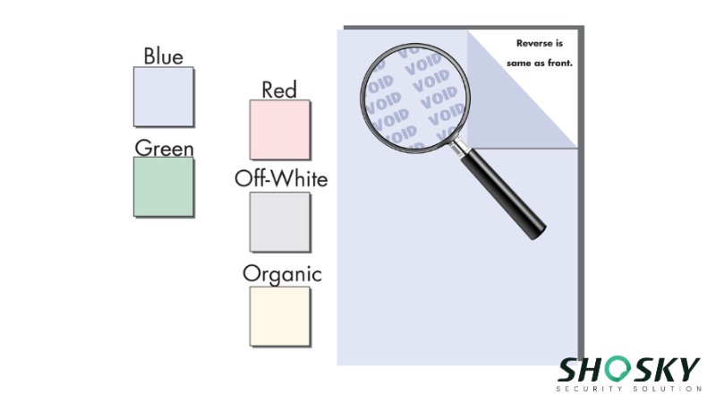 Security paper's custom options: magnified "VOID" pattern and available shades like green, off-white