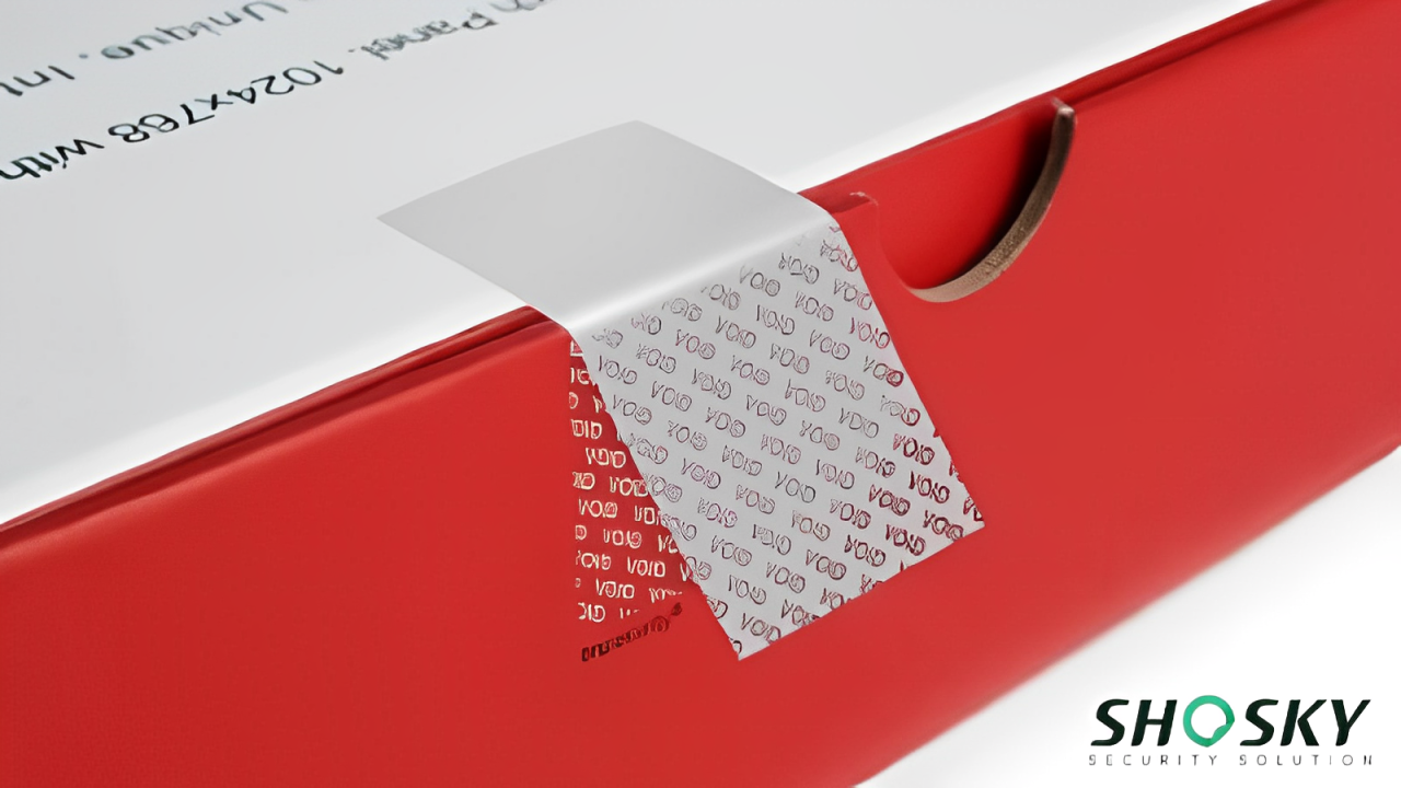 a product box sealed with a security label, showing irreversible damage when removed