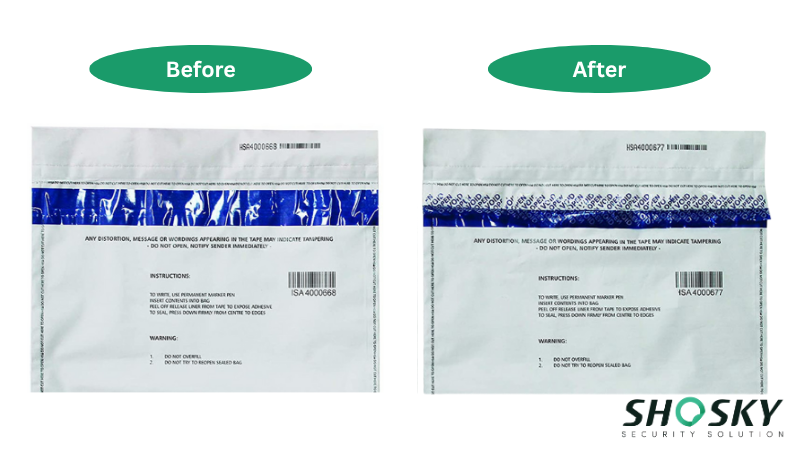 Before and after view of a void seal bag, demonstrating tamper evidence
