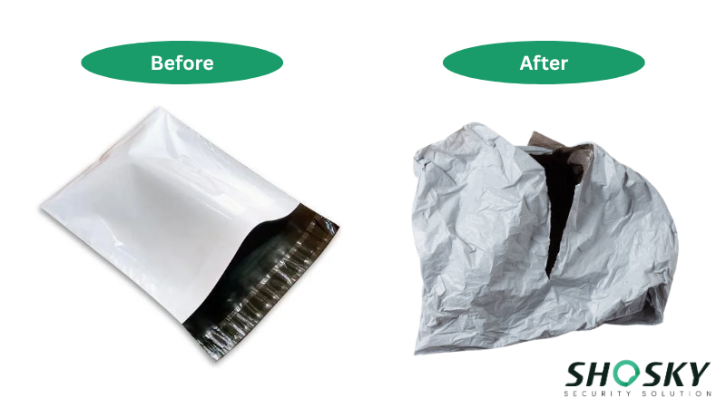 Before and after view of a self-seal bag demonstrating physical tamper evidence