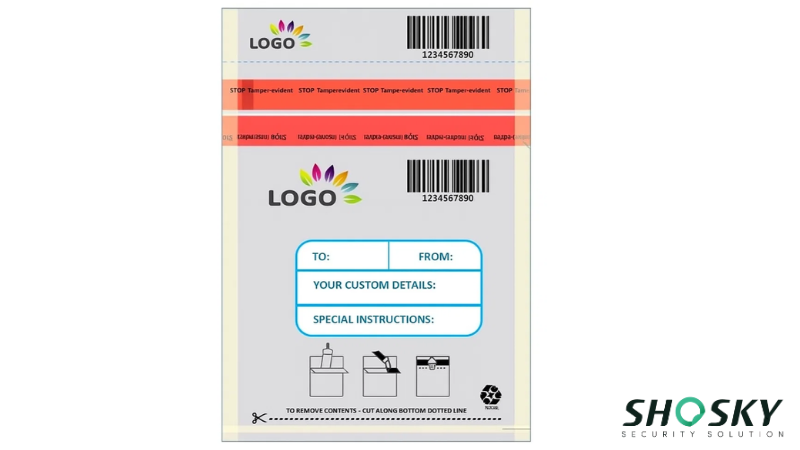 Tamper-evident bag with QR codes, icons, and balanced logo placement
