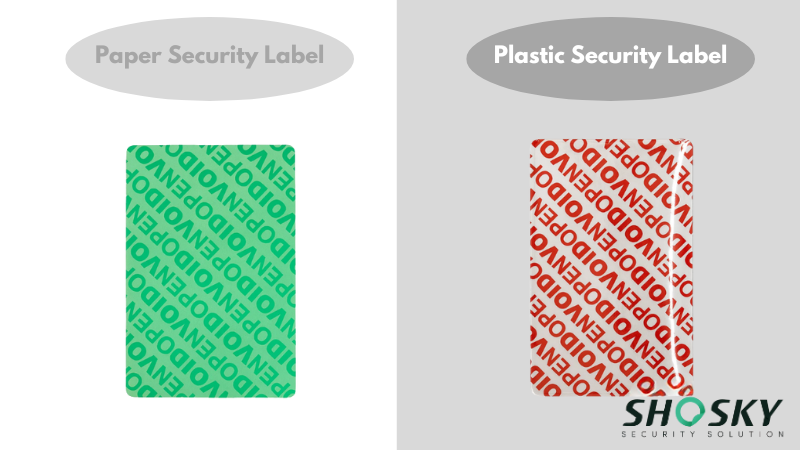 Green and red security labels displaying "VOID" patterns for tamper evidence