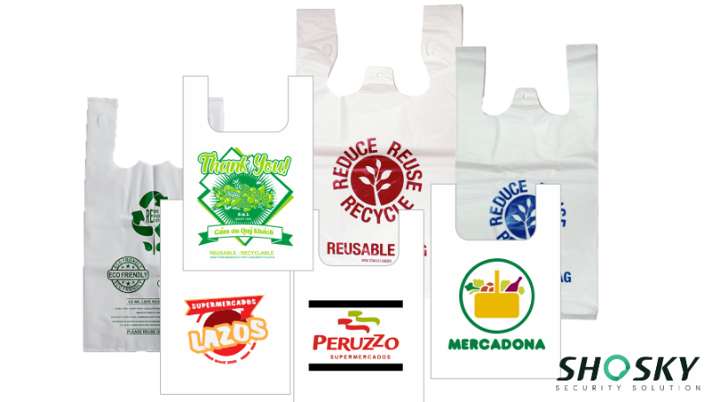various reusable regular bags featuring store branding, not designed for secure handling