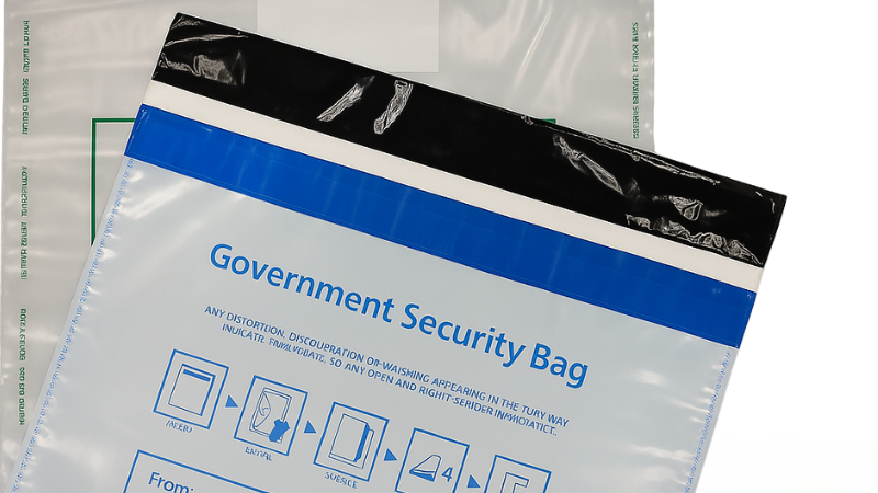 Government Security Bag with tamper detection area and usage instructions visible