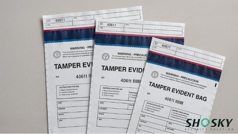 Close-up of tamper-proof bags with printed fields for contents and tracking details