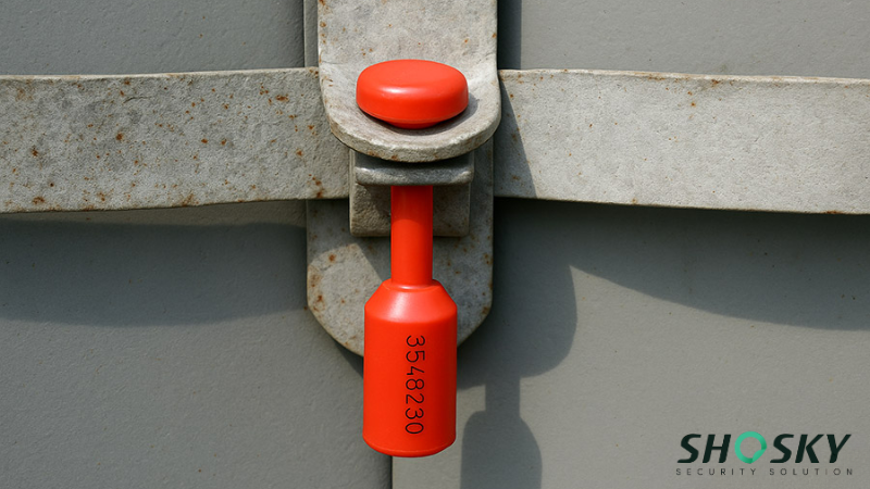 Container door locked with serial-coded seal for theft risk mitigation