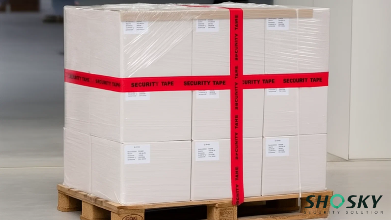 Red tamper evident tape applied to pallet boxes highlights breach detection and tracking