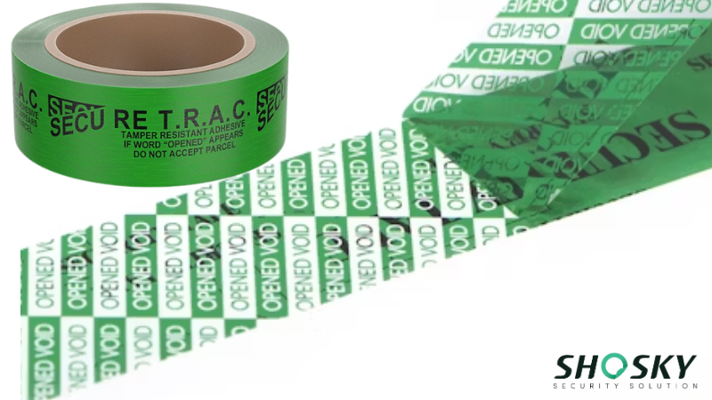 Green tamper proof tape reveals “OPENED VOID” message when packaging is breached
