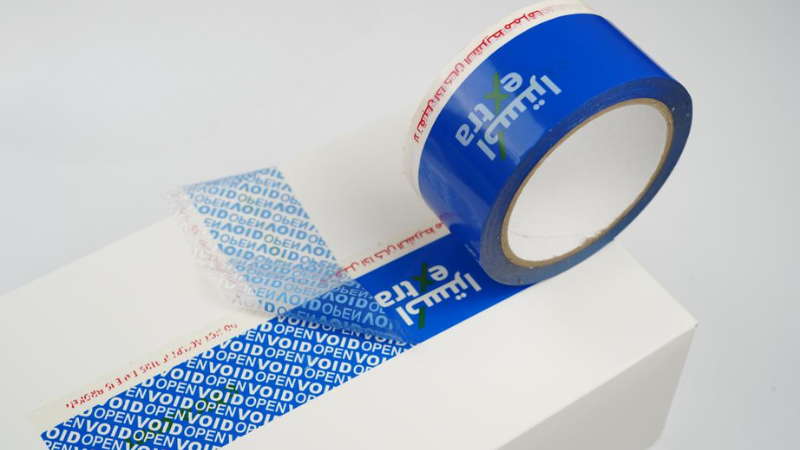 blue anti-tamper tape using on a box