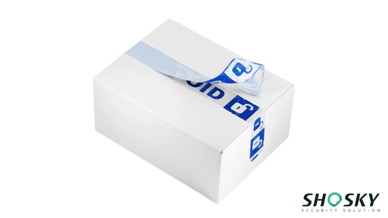 FSC-certified paper security tape using on a white cardboard box