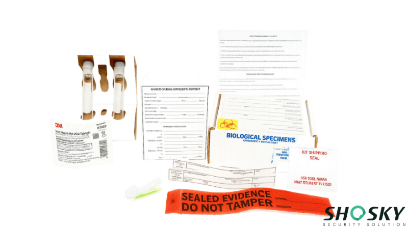 Multi-specimen collection kit with seals and forms for longitudinal research integrity