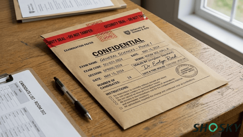 A brown paper security exam envelope resting on a wooden desk