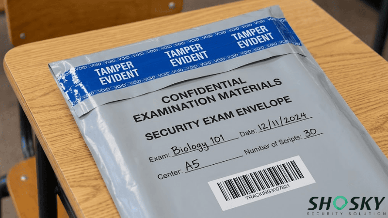 a sealed plastic security exam envelope bag