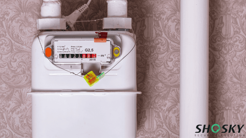 Tamper-evident meter seal with security wire installed on a residential gas meter for utility protection